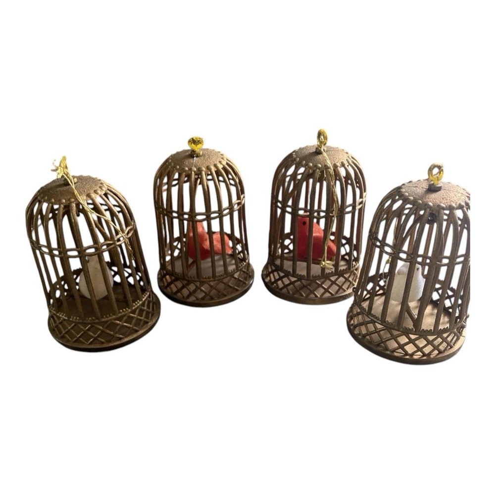 Vintage Doubl Glo Bird Cage Christmas Ornaments Lot 4 Flocked Birds Gold Plastic
